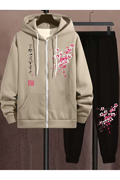 ANUSHKA Unisex Sakura Japanese Printed 3 Thread Ş Fleece-Lined K Hooded Tracksuit Set