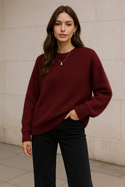 Rich Women's Burgundy Soft Textured Basic Long Sleeve Knitwear Sweater