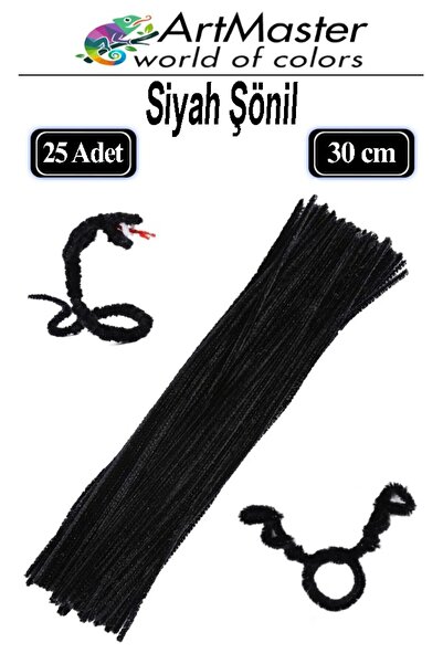Artmaster Şönil Siyah 30 cm 25 Li 1 Paket Renkli Tüylü Tel Şönil Pipo Temizle...