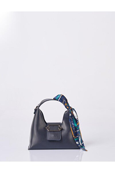 Kayra Foulard Detailed Faux Leather Bag Navy Blue