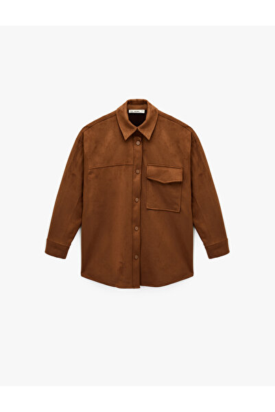 Koton Long Sleeve Classic Collar Snap Button Pocketed Oversized Suede Look Jacket