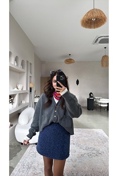 Buket Teke Navy Blue Cashmere Lined Mini Skirt