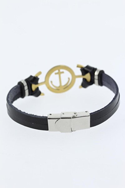 Skygo Gold Color Sea Anchor Figured Black Color Leather Men's Bracelet with Metal Accessories - Tj-Eb1339