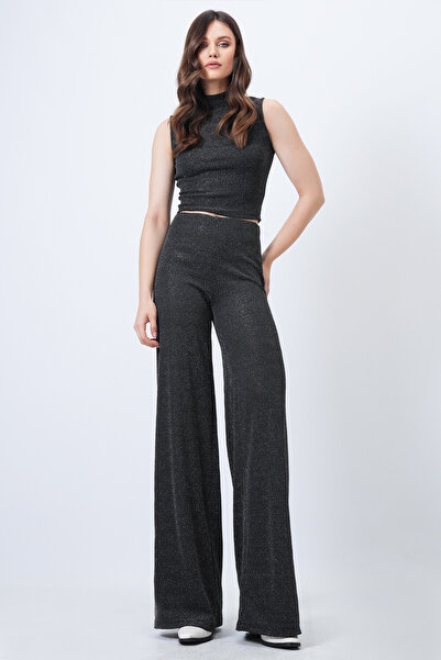 Trend Alaçatı Stili Women's Black Mock Neck Tank Top and Palazzo Pants Glitter Set Vs01658