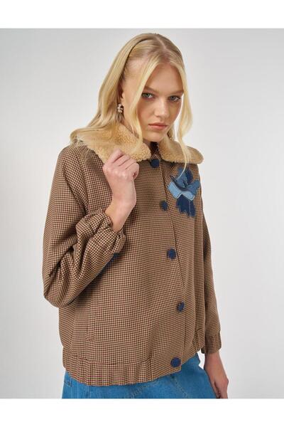 Kayra Fur Collar Goose Feet Pattern Jacket Burgundy