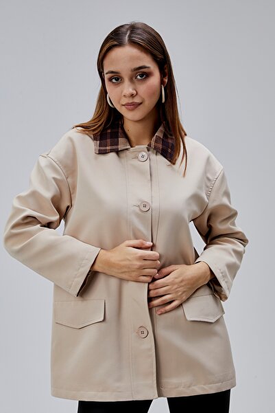 Bolivente Mia Mink Plaid Collar Pocketed Oversized Trench Coat