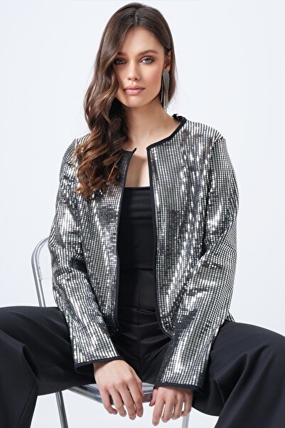 Trend Alaçatı Stili Women's Gray Sequined Open Form Jacket Vs01653