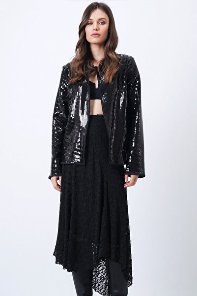 Trend Alaçatı Stili Women's Black Sequined Open Form Jacket Vs01653