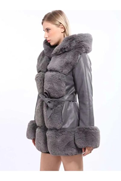 ADAMODA.RO Long faux leather jacket with faux fur