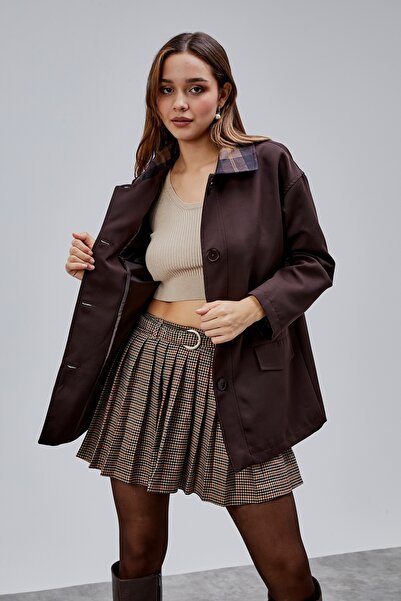 Bolivente Mia Bitter Brown Plaid Collar Pocketed Oversized Trench Coat
