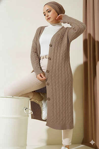 benguen 377 Buttoned Long Knit Cardigan Mink