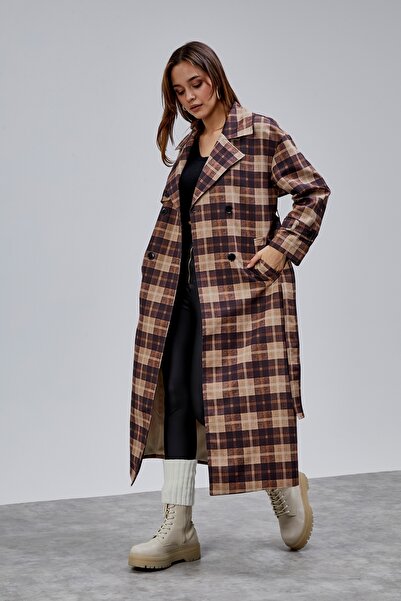 Bolivente Elora Brown Plaid Detailed Premium Oversized Trench Coat 46650