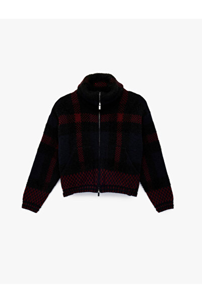 Koton Mock Neck Plaid Cardigan with Zipper