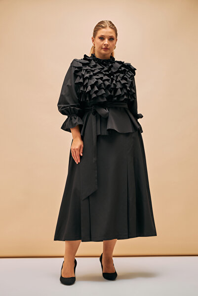 İnce Yaka ve ön Fırfır detaylı Etek Gömlek Paraşüt Büyük Beden Takım