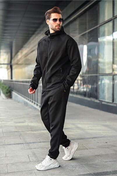Madmext Black Men's Hooded Zippered Men's Tracksuit Set E7343