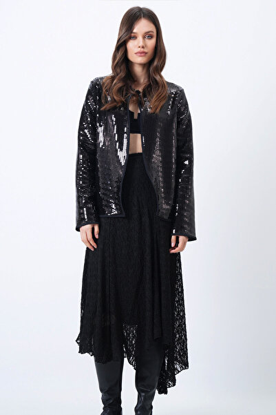 Trend Alaçatı Stili Women's Black Sequined Open Form Jacket Vs01653