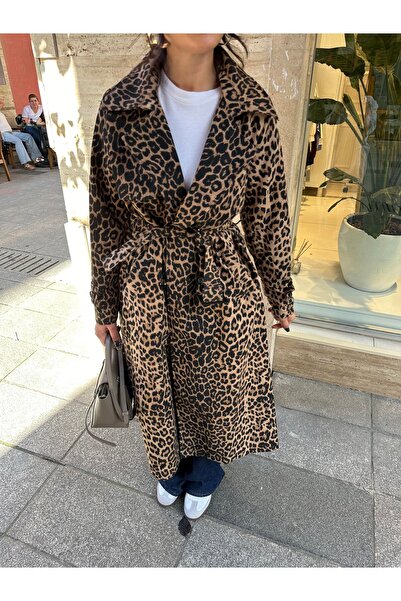 moda paketi Women's Leopard Print Belted Long Trench Coat – Stylish Casual Outerwear – Oversized Models