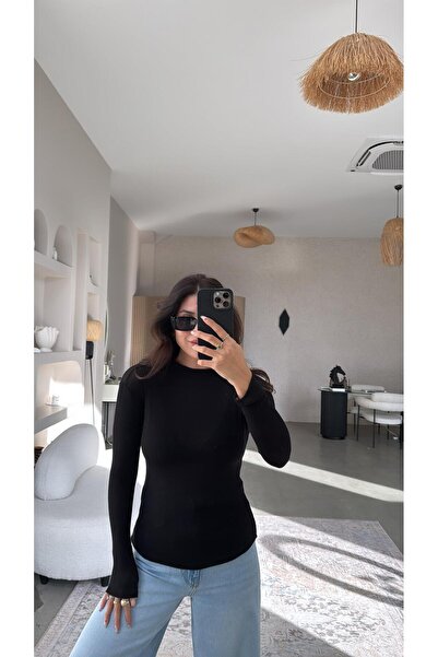 Buket Teke Black Crew Neck Cashmere Semi-Sheer Blouse