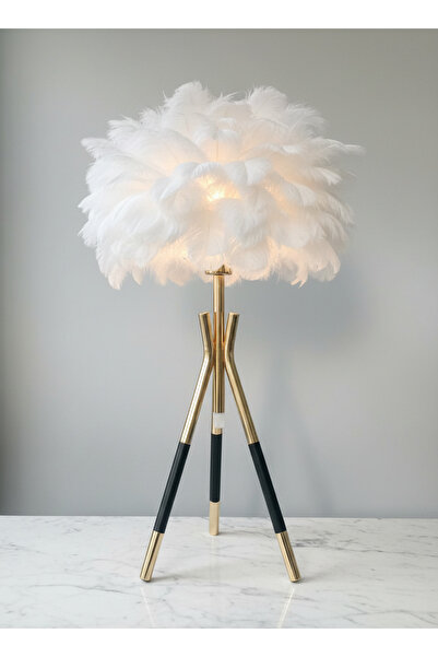 LUMINZO Lufina Gold Legged White Feather Headboard Wired Modern Lampshade Bedroom Living Room Table Lamp