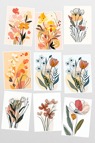 qoeuyl boutique Καρτ ποστάλ 9 τεμαχίων με λουλούδια μποέμικης ζωγραφικής