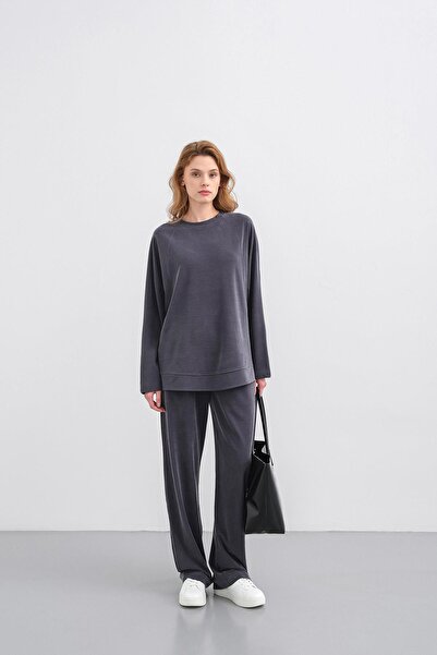 Basicpark Smoked Women's Soft Textured Crew Neck Basic Wide Leg Top and Bottom Set