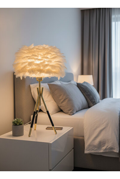 LUMINZO Lufina Gold Footed Cream Feather Headboard Wired Modern Lampshade Bedroom Living Room Table Lamp