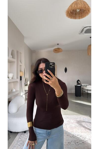 Buket Teke Brown Crew Neck Cashmere Semi-Sheer Blouse