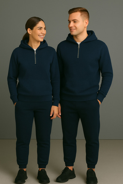 Revasser طقم سويت شيرت للجنسين للرجال/النساء بسحاب نصفي بغطاء رأس ذو قاع مسطح