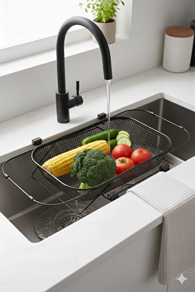 Kitchen Way Uzayabilen Siyah 42X16 cm Meyve Sebze Yıkama Çelik Lavabo Süzgeci...
