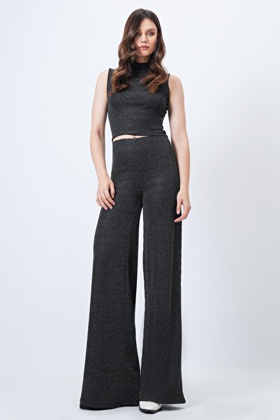 Trend Alaçatı Stili Women's Black Mock Neck Tank Top and Palazzo Pants Glitter Set Vs01658