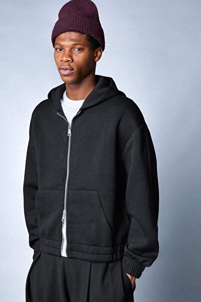 Bershka Fermuarlı kapüşonlu sentetik kauçuk kumaş sweatshirt