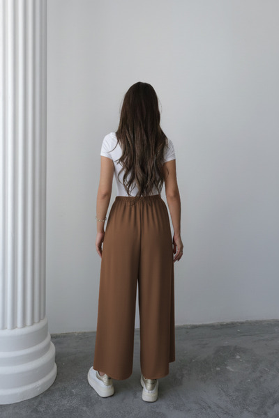 Hatun Atila Elastic Waist Wide Cut Flared Aerobin Trouser Skirt 88843 - Brown