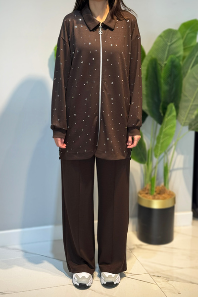 Lale Butik Zımba Detail Tunic Trousers Set 2121 Brown