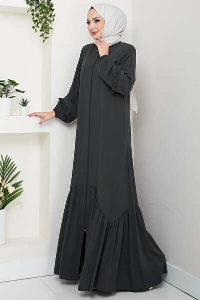 hafsamina Handle Volanlı Ferace Füme Hm2862