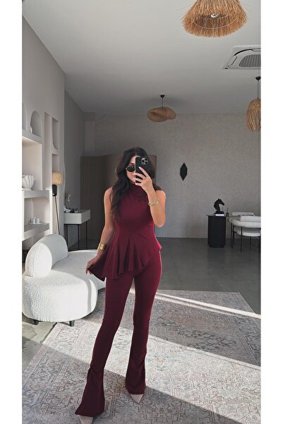 Buket Teke Bordo Zr Model Stretch Fabric Crepe Fabric Spanish Suit with Volants