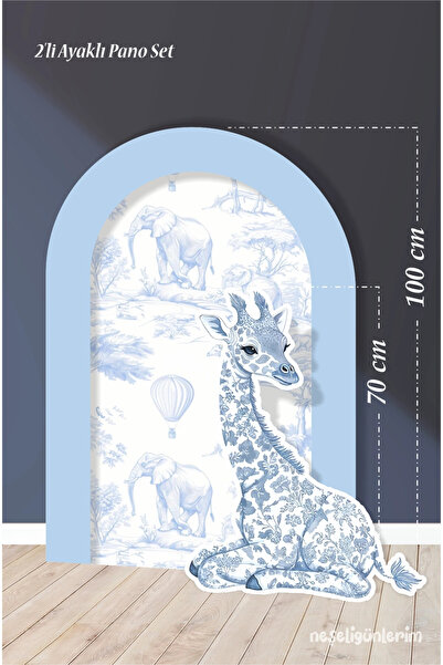 neşeli günlerim Set de 2 panouri cu picioare Safari Blue, tematică girafă așezată / 100 cm - 70 cm