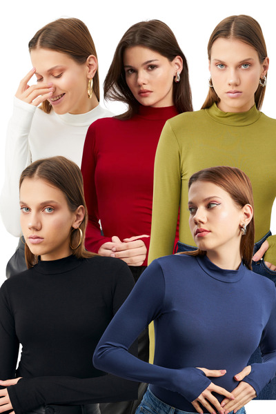 Bipantolon Women's Black White Burgundy Oil Green Navy Blue 5-Piece Finger Detailed Bodysuit