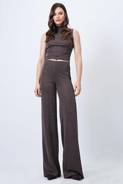 Trend Alaçatı Stili Women's Brown D Mock Neck Sleeveless Blouse and P Palazzo Pants Glitter Suit Vs01658