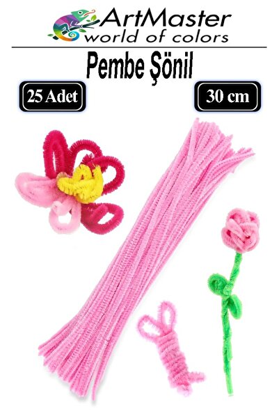 Artmaster Şönil Pembe 30 cm 25 Li 1 Paket Renkli Tüylü Tel Şönil Pipo Temizle...