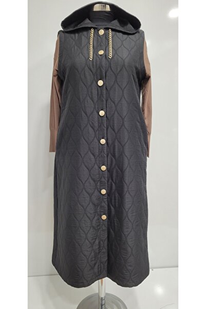 Janset JAKARLI KAPÜŞONLU DÜĞMELİ UZUN KAPİTONE SİYAH YELEK