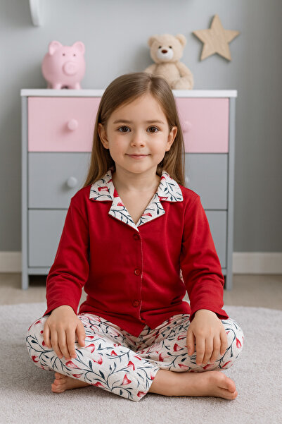 SANTRALBEBE Kız Çocuk Yumuşacık Önden Düğmeli Gömlek Model Pijama Takımı