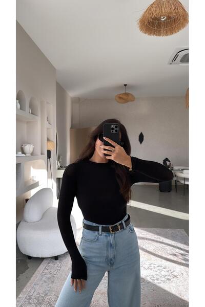 Buket Teke Black Crew Neck Cashmere Semi-Sheer Blouse