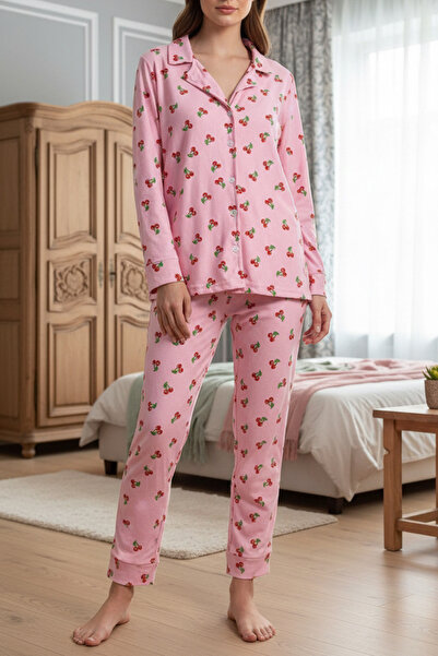 Fanwet Women's Suede Velvet Long Sleeve Cherry Patterned Front Buttoned Pajama Set