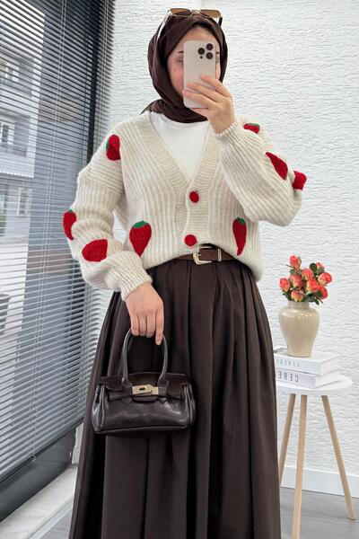 MELEK ARAZ Strawberry Patterned Short Oversized Knitwear Cardigan – Stone