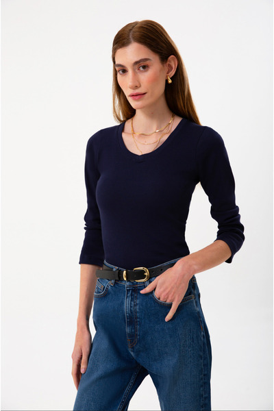 UNIQVIBE Organic Cotton Navy Blue Corded Fabric Women's Long Sleeve V-Neck Blouse