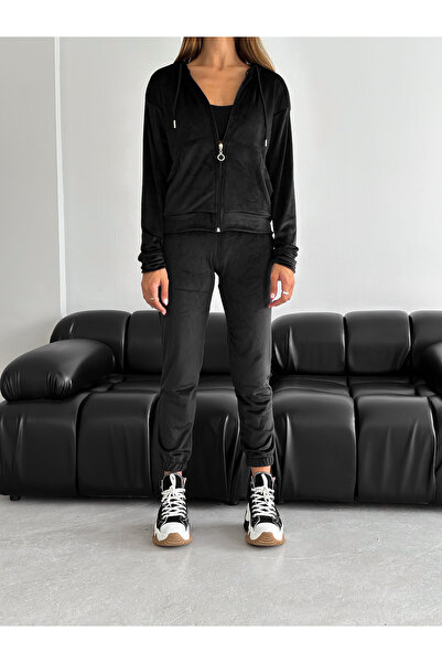 Winmoda34 Velvet Tracksuit Set Hooded Zippered French Velvet Soft