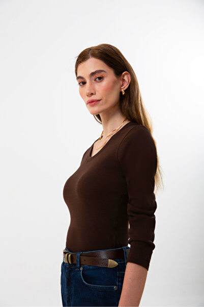 UNIQVIBE Organic Cotton Brown Corded Fabric Women's Long Sleeve V-Neck Blouse