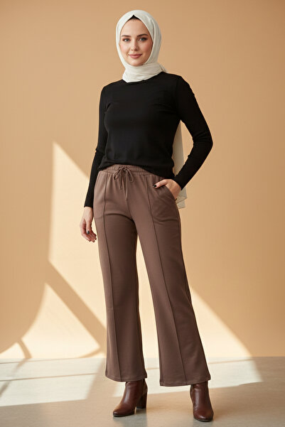 Lale Butik Nervür Stitched Waist Elasticated Lace-Up Trousers 1887 Mink