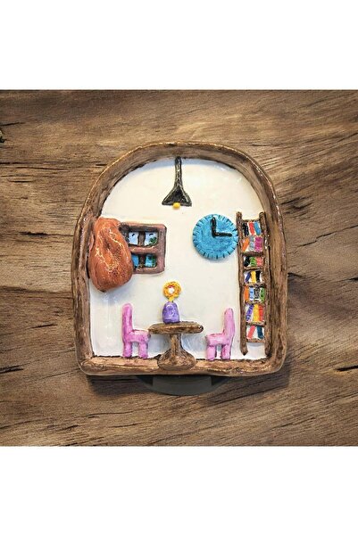 INGA JOSANU Minyatür Oda Figürü Duvar Süsü Kitaplık ve Saat Detaylı Dekoratif Biblo