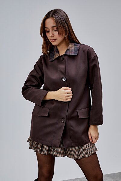 Bolivente Mia Bitter Brown Plaid Collar Pocketed Oversized Trench Coat